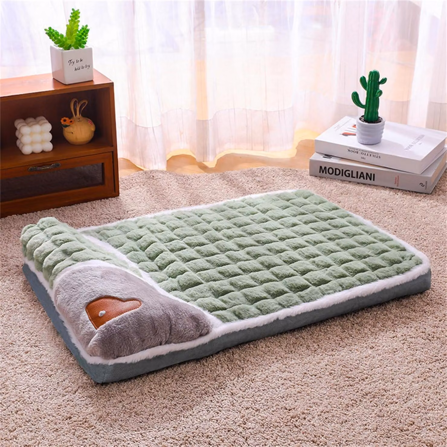 Cuccia per cani, in peluche, lavabile, colore verde, taglia M