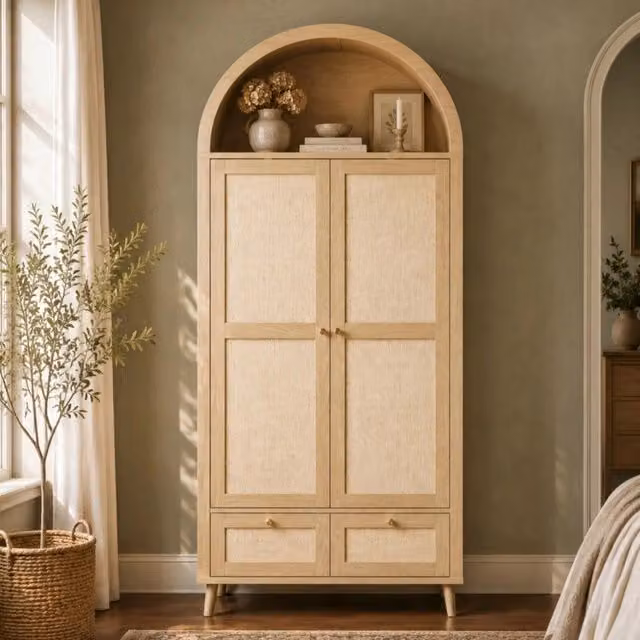 Armadio con 2 porte e 2 cassetti ¨C Minimal ¨C rovere chiaro struttura rattan beige 90x51x180