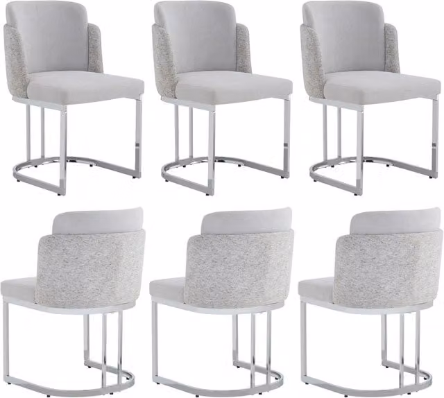 Set di 6 sedie da pranzo in tessuto chenille grigio chiaro con gambe in metallo argentato galvanizzato