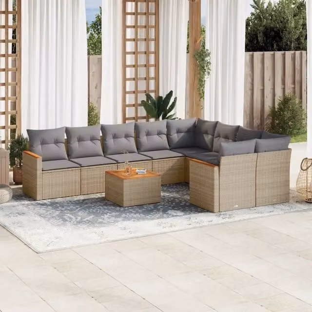 Set Divano da Giardino VIDAXL in Polyrattan con 10 Cuscini Beige Moderno – 1