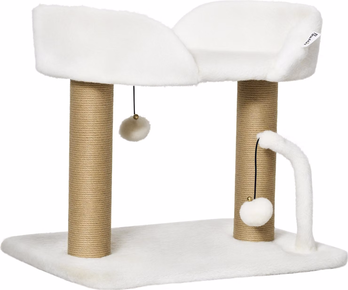 PawHut Design albero per gatti con 2 pompons pendenti 2 paletti in sisal + piattaforma in peluche - 48 x 38 x 42 cm - sisal beige