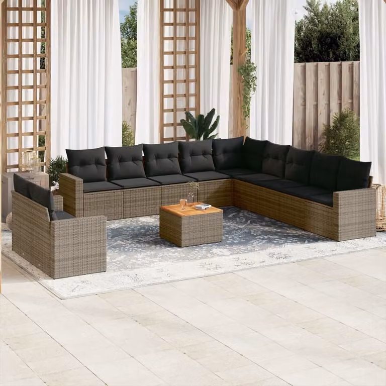 Set Divani da Giardino vidaXL 12 pz in Polyrattan con Cuscini e Tavolino da Caffè Grigio e Marrone