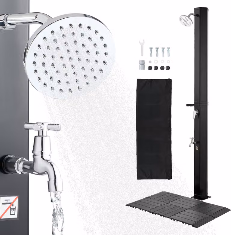 SucceBuy doccia solare 35L, doccia da giardino 2160 mm con piastra e rubinetto a pedale, doccia da esterno con controllo dell'acqua calda e fredda, doccia da campeggio per giardino, piscina e spiaggia, nero