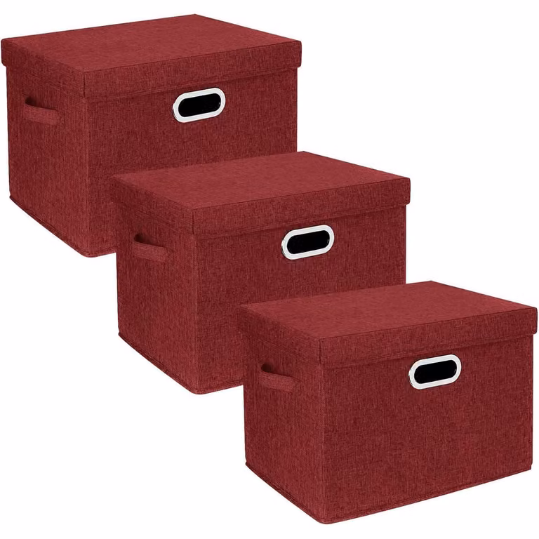 Contenitore con coperchio, in tessuto, pieghevole, lavabile, confezione da 3 pezzi, colore rosso vino, dimensioni 44x30x29 cm