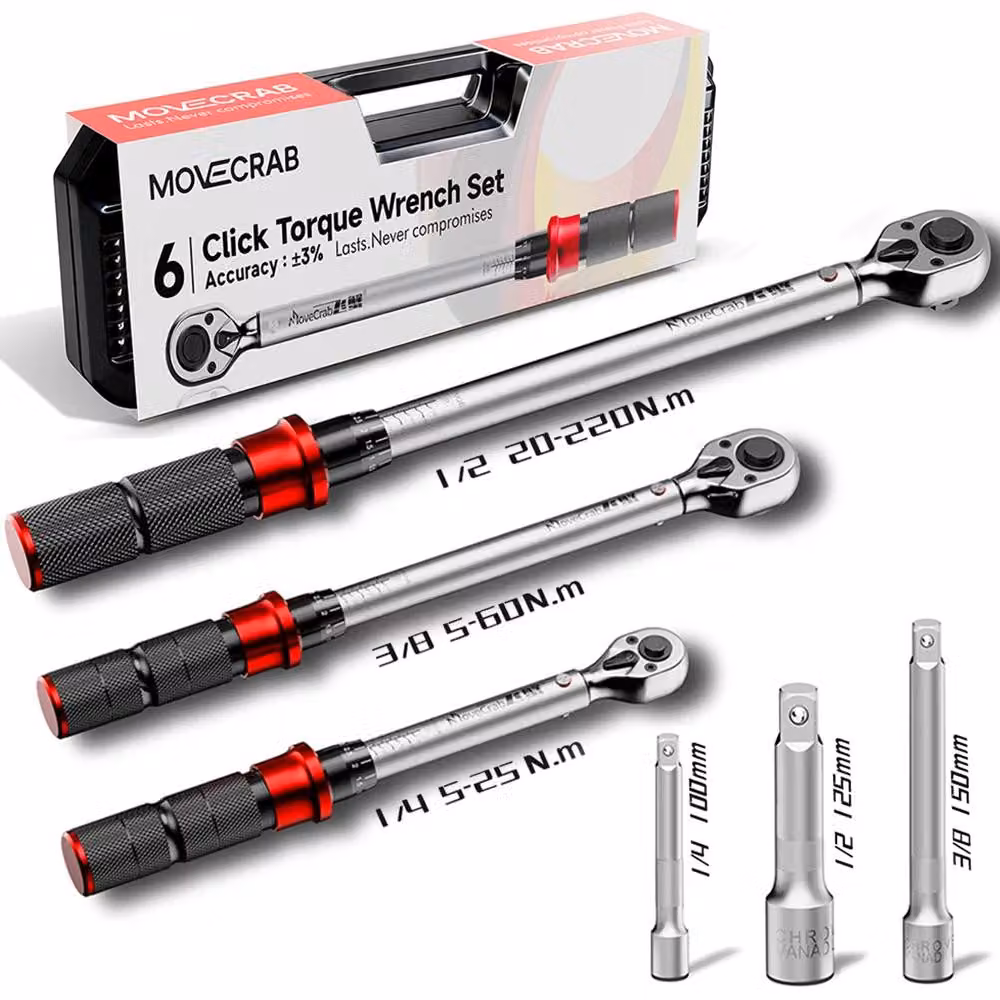 Set di chiavi dinamometriche - Chiave dinamometrica meccanica - 6 pezzi - 5–220 Nm - Adatta per biciclette, motociclette e automobili - Materiale: lega - Colore: argento