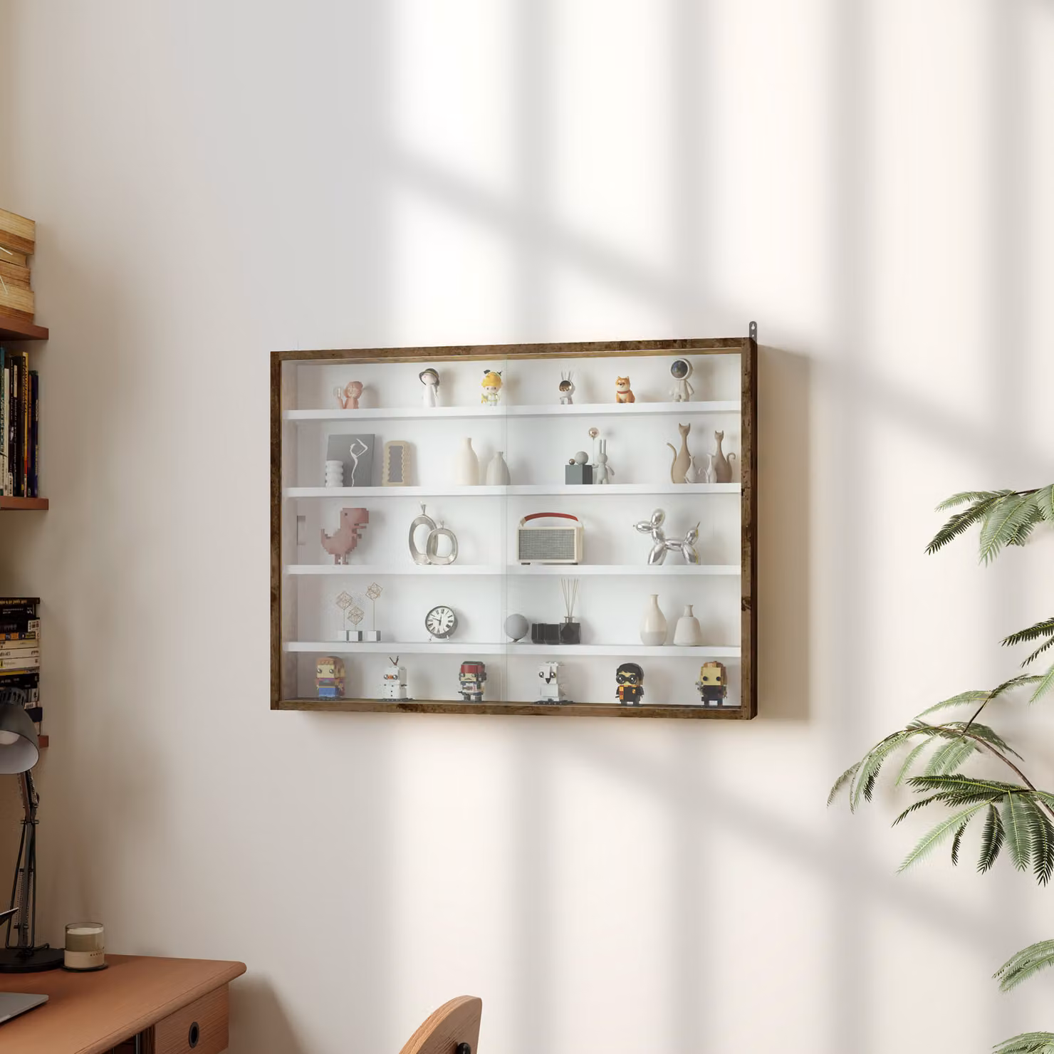 Vetrina a muro HOMCOM con 4 ripiani regolabili in legno e vetro, colore marrone, L 80 cm x P 9,5 cm x H 60 cm – 2