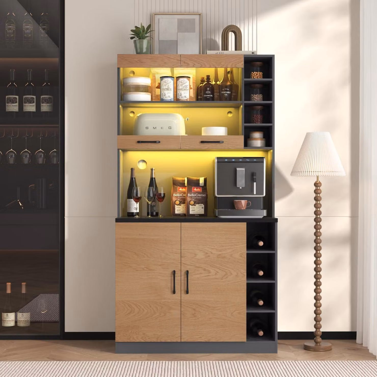 Mobiletto da cucina buffet con illuminazione a LED e fori per cavi, in legno, 100x47x187 cm, colore marrone