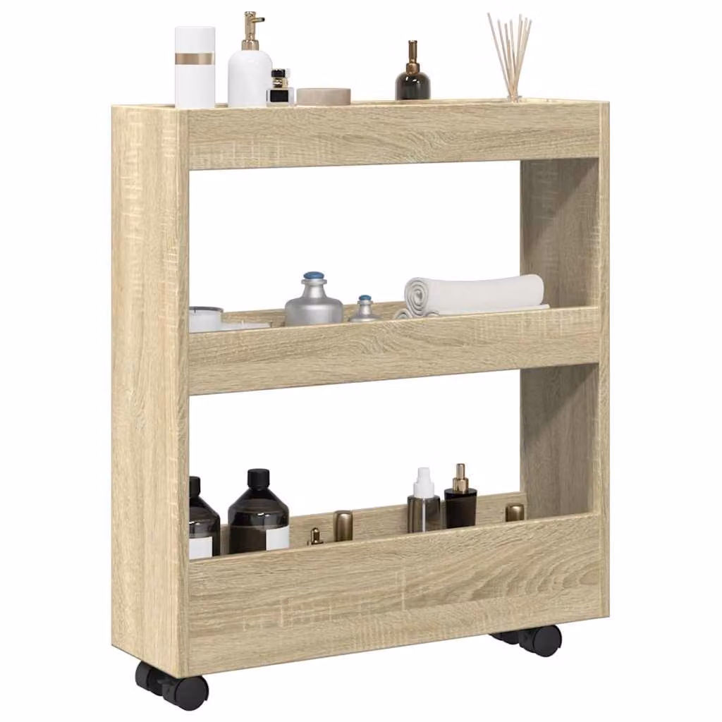 vidaXL Carrello Stretto a 3 Livelli in Rovere Sonoma e MDF, Colore Marrone/Beige, H 70,0 x L 60,0 x P 17,5 cm