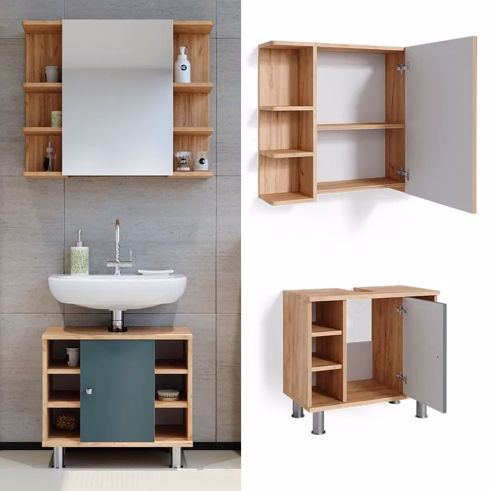 Set mobili bagno Vicco Fynn verde composto da 2 pezzi con mobile lavabo e pensile a specchio in stile minimalista – 2