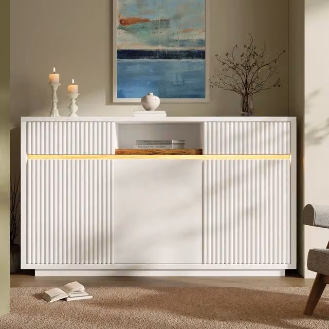 Credenza bianca LED con 3 ante, 2 cassetti e vano a vista, ripiani regolabili per soggiorno, 140 × 40 × 85 cm