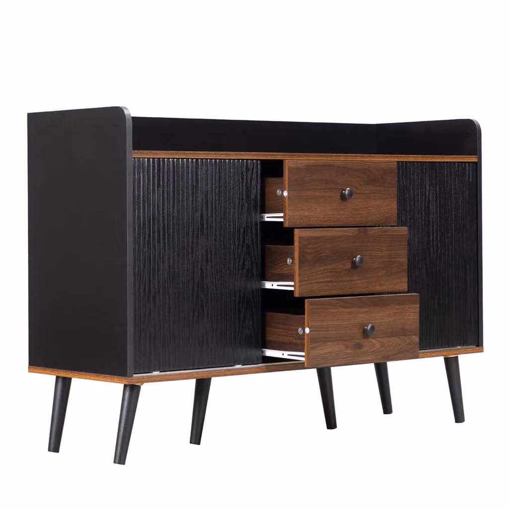 Credenza moderna in MDF con 2 ante scorrevoli, 3 cassetti e ripiani regolabili per soggiorno o sala da pranzo, L: 117.5 cm, P: 40 cm, H: 80 cm, Nero – 2