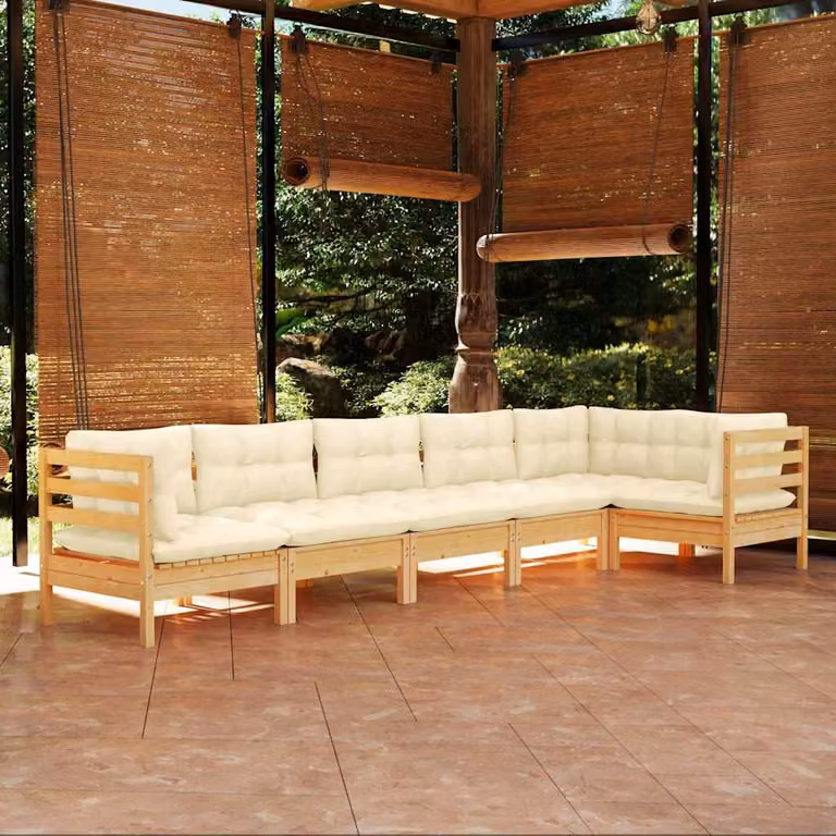 Set Salotto da Giardino vidaXL a Forma di L in Legno di Pino con Cuscini Beige e Bianco per 6 Persone