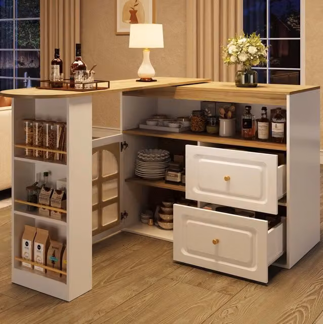 Credenza girevole ULEVR 138-204x39x104 cm con 2 cassetti, anta ad arco in vetro temperato e ripiani, bianca