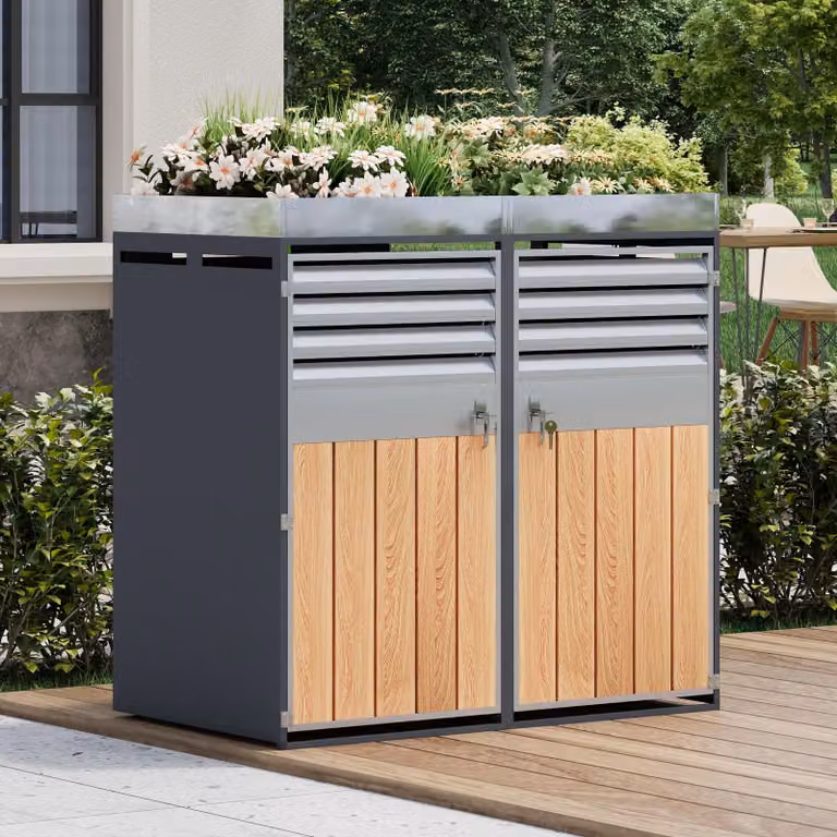 Merax Box per bidoni della spazzatura a 2 scomparti con fioriera, rivestimento per bidoni della spazzatura con fessure di ventilazione e venature del legno verticali, chiudibile a chiave, per esterni