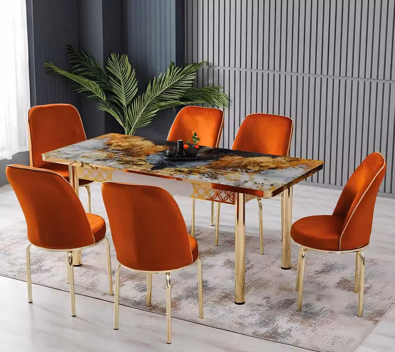 Tavoli da pranzo, set da pranzo, sedie, multicolore, arancione, rettangolare