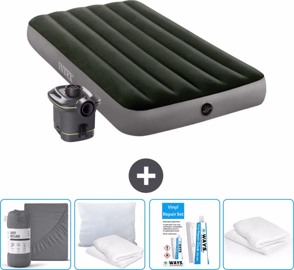 Letto ad aria Intex - 1 persona - 99 x 191 x 25 cm - Verde - Incluso pompa - Lenzuolo di ricambio - Bacio - Kit di riparazione en Protezione cuscino