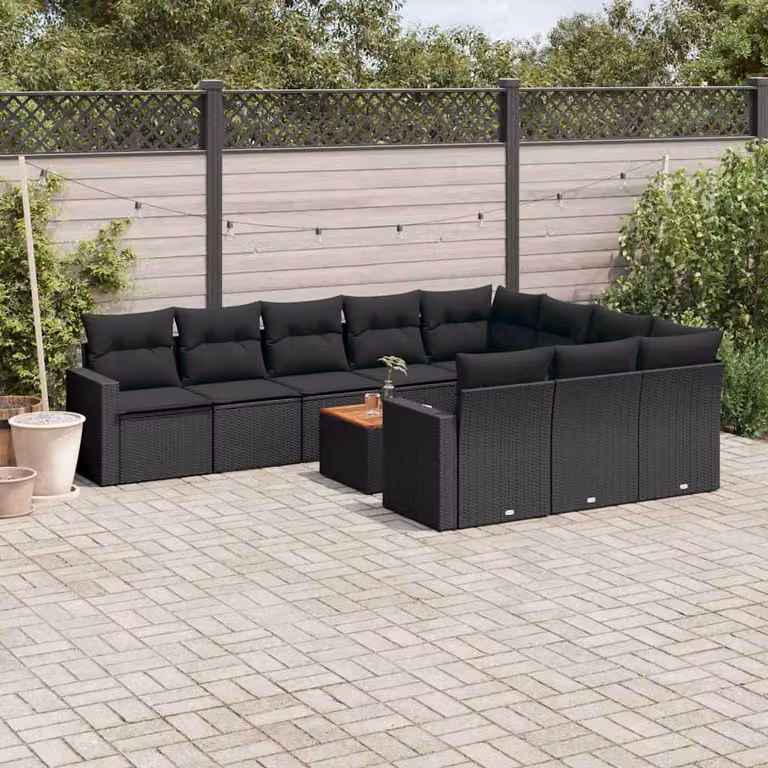 vidaXL Set Divani da Giardino 11 pz in Polyrattan Nero con Cuscini e Tavolino