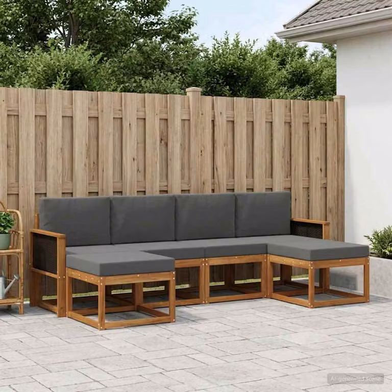 Set di divani da esterno vidaXL 6 pz in legno di acacia con pouf e cuscini, colore beige e antracite