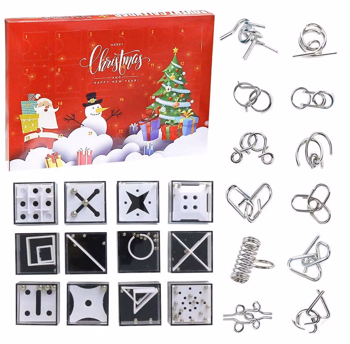 Calendario dell'Avvento con puzzle 2027: 24 pezzi, composto da scatole in metallo e labirinti