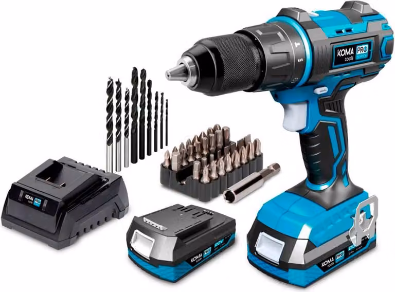 kit trapano/avvitatore a percussione 20v con 2 batterie da 2.0a e caricabatterie 22,5x20,3cm serie pro koma tools