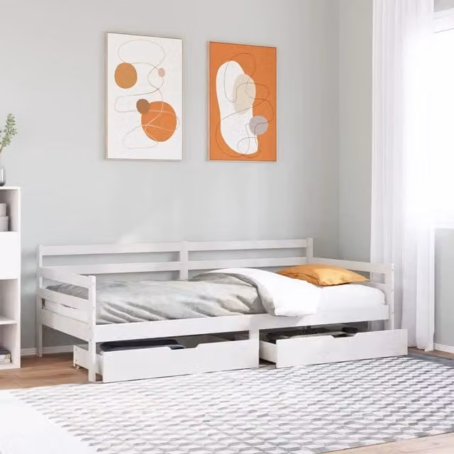 Dormeuse vidaXL in legno massello di pino con cassetti, colore bianco, L/P/H: 200 x 90 x 69,5 cm