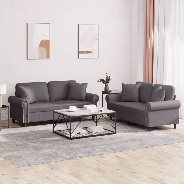 Set di 2 divani vidaXL in similpelle grigia con cuscini per soggiorno in stile moderno