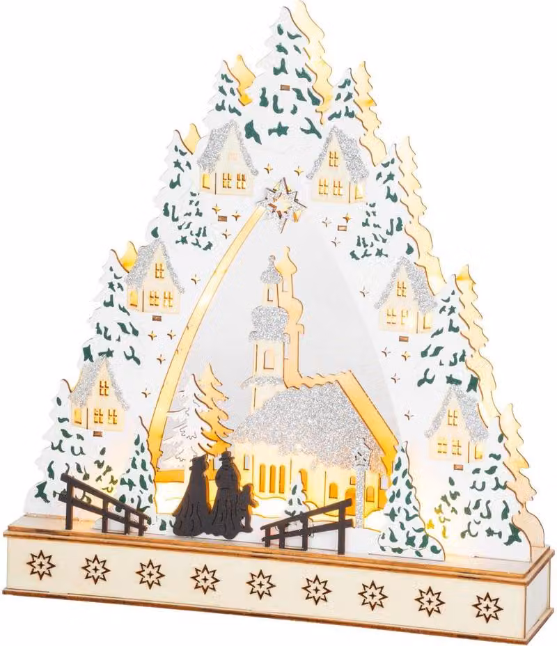 Decorazione MagicHome Natalizia, Villaggio con chiesa, LED, MDF, 30x7x33,5 cm, 2x AAA