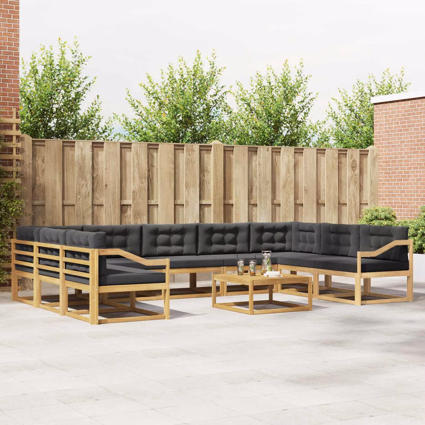 vidaXL Set di divani da esterno a L con tavolino da giardino in legno di acacia, Bianco e Antracite