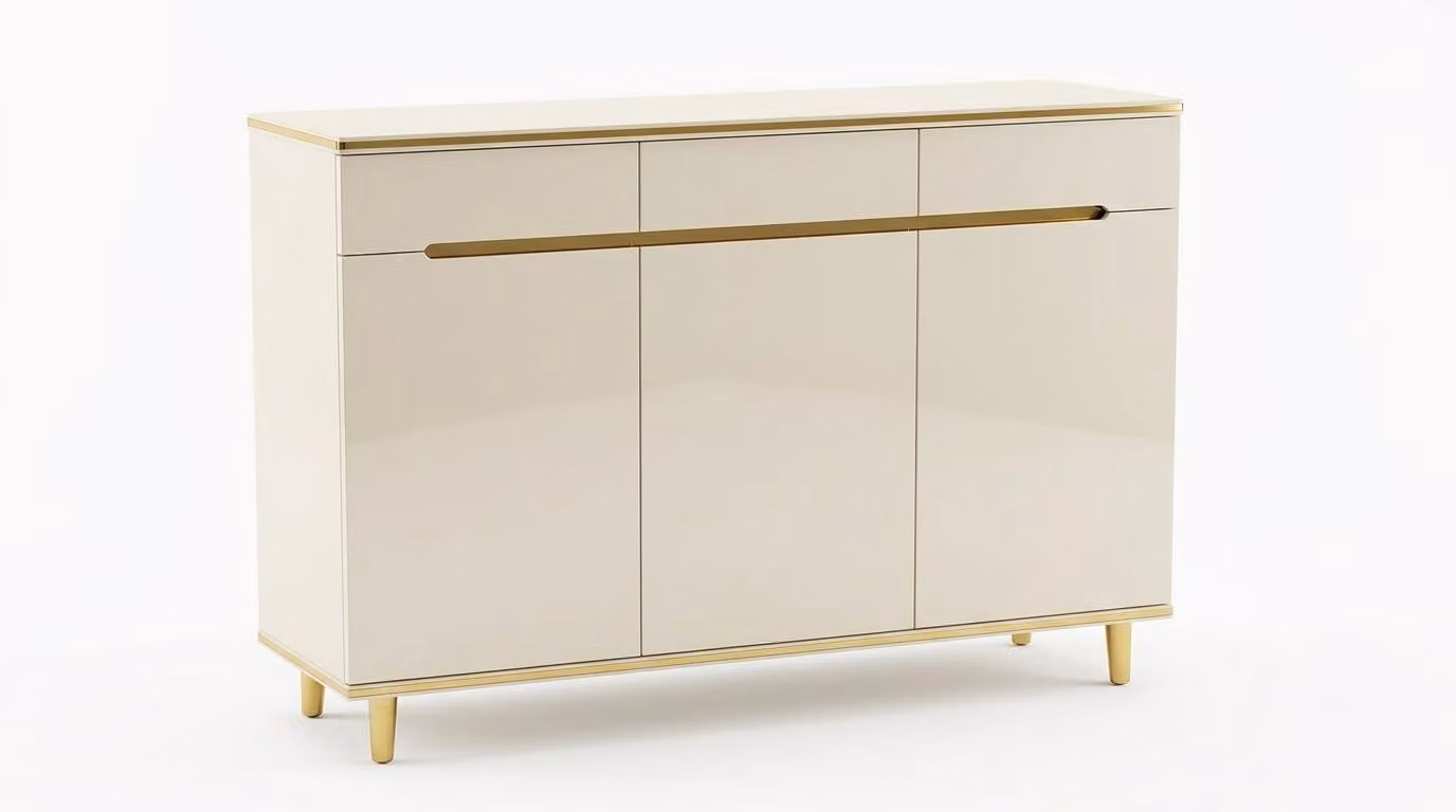Comodino moderno bianco, in legno con finitura lucida dorata, lussuoso, con ampio spazio di stoccaggio, dimensioni 120x35x108 cm