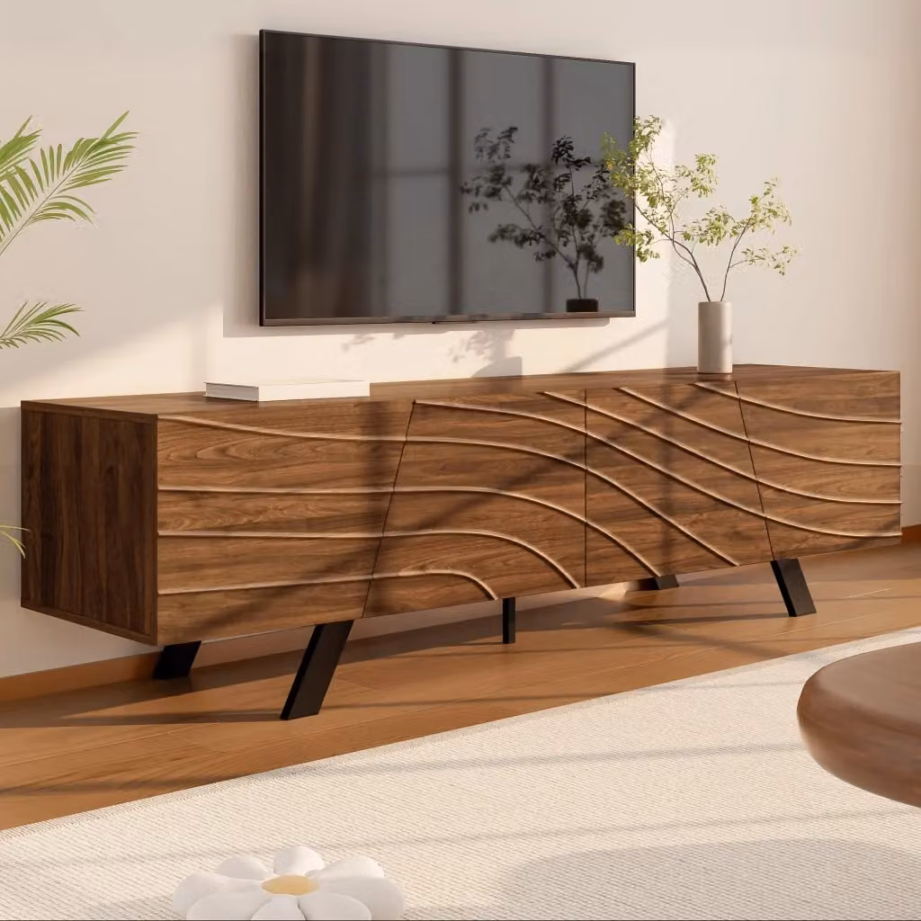 Mobile TV Mivray con frontale ondulato 3D in MDF color noce e gambe in ferro nero con passacavi L: 160 cm, P: 39 cm, H: 50.5 cm – 2