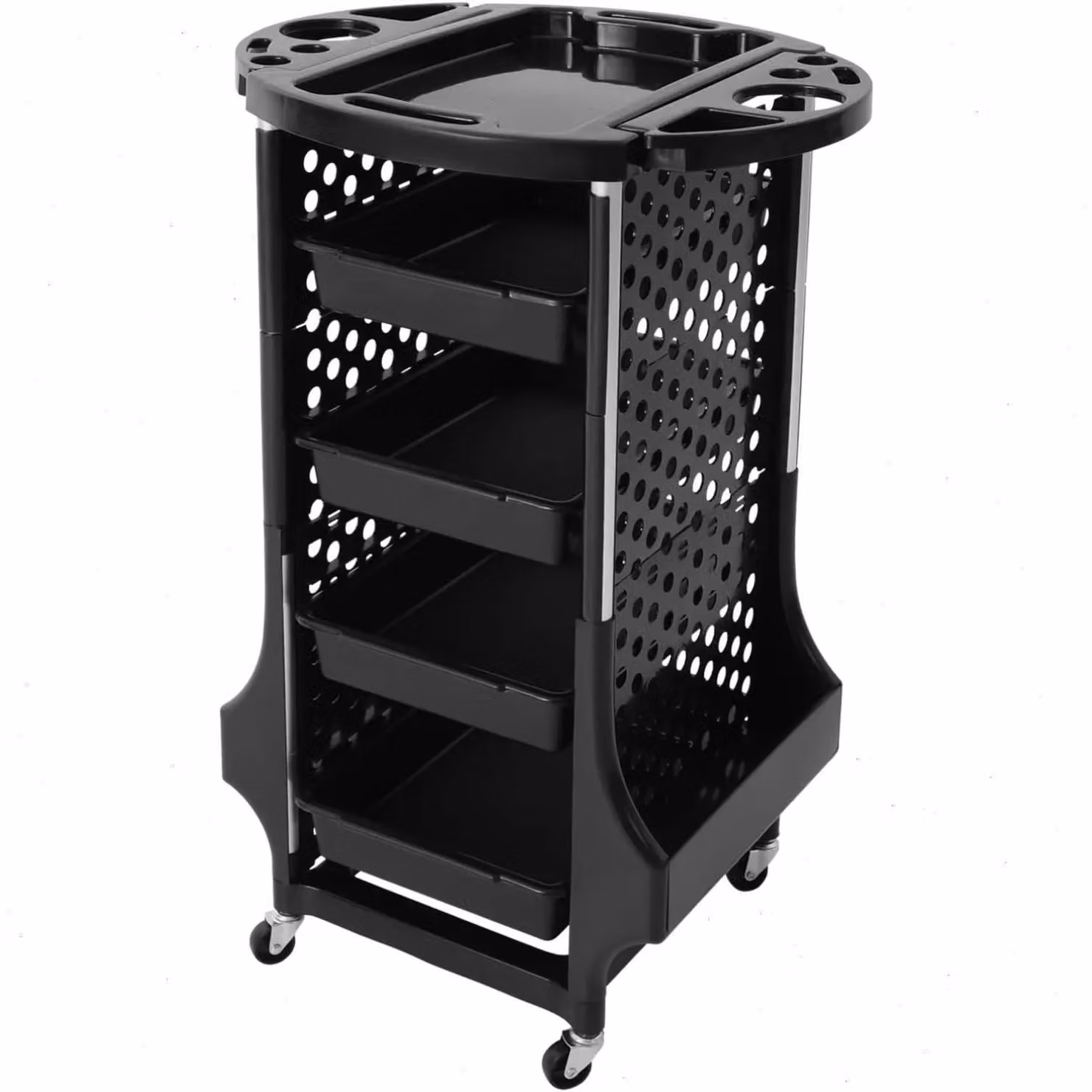 Carrello per parrucchiere - 5 ripiani - 4 cassetti estraibili - laterali pieghevoli - capacità di carico: 30 kg - 4 ruote - colore: nero