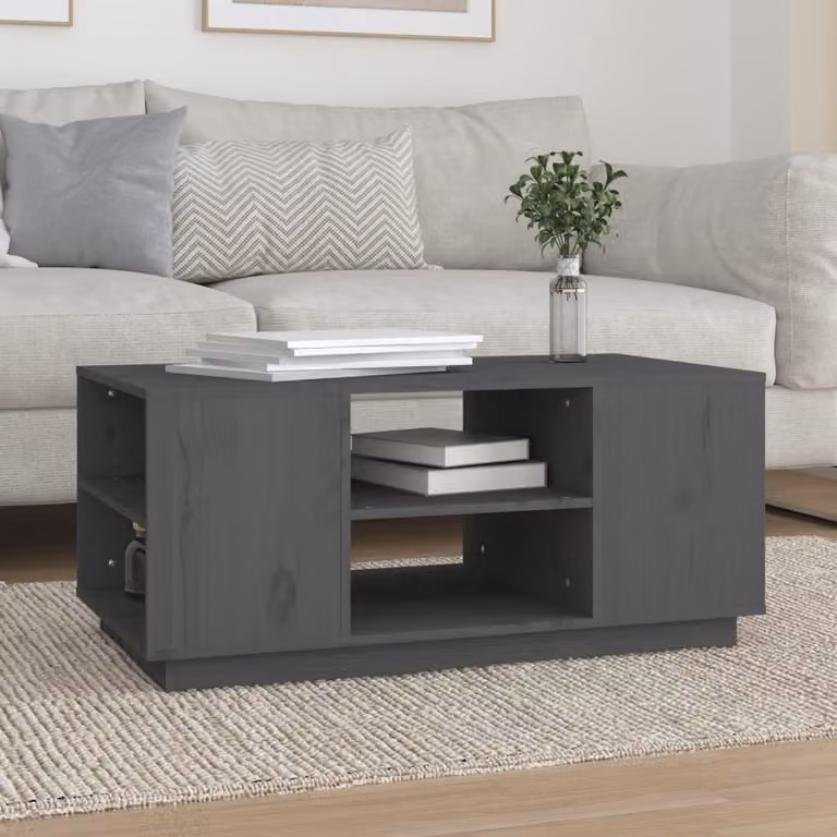 The Living Store tavolino grigio 90x49x40,5 cm in legno di pino massiccio