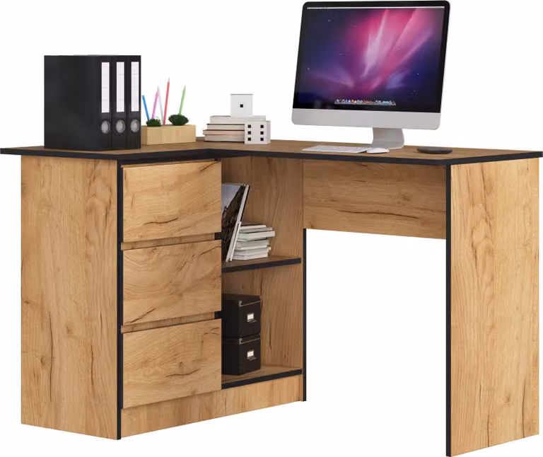 Scrivania angolare con tre cassetti, lato sinistro. Dimensioni: Altezza: 77 cm, Larghezza: 124,5 / 85 cm, Profondità: 45 / 48,5 cm