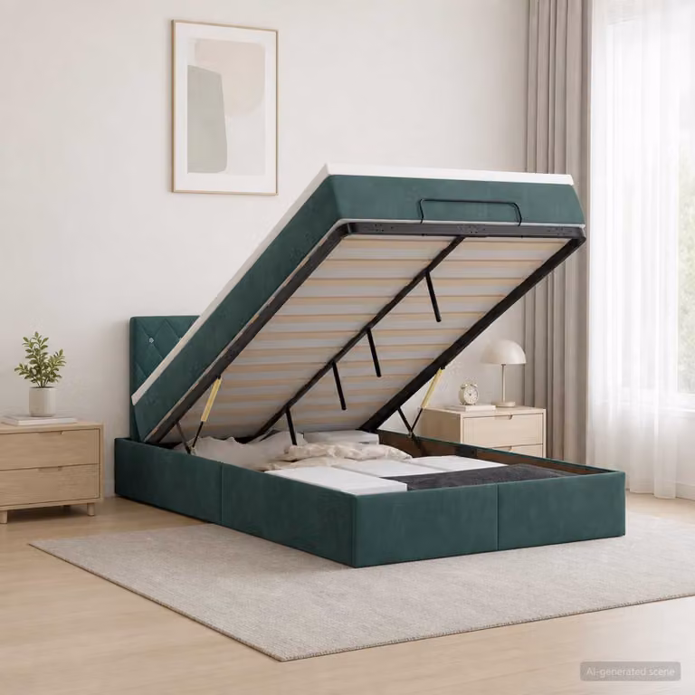 Letto ottomano con materasso vidaXL in velluto verde e bianco, base a sollevamento, L/P/H: 120 x 200 x 140 cm