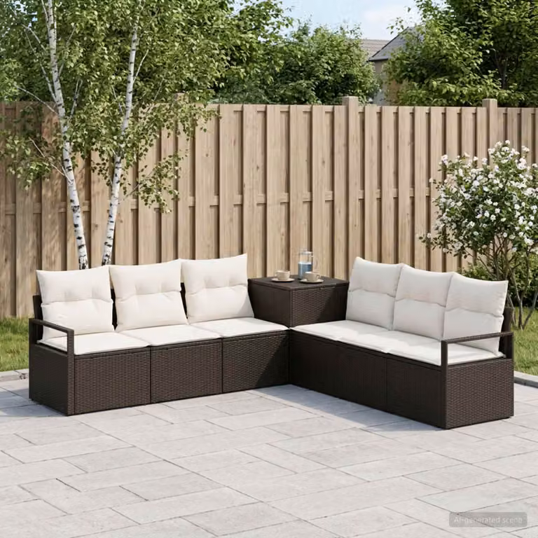 Set di divani da giardino vidaXL a forma di L composto da 7 pezzi, colore nero e bianco crema, con struttura in metallo e cuscini inclusi