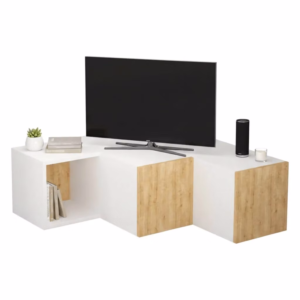 Mobile porta TV Malachie DMORA in legno bianco e marrone con un ripiano, design moderno da parete, L: 90 cm, H: 92 cm, P: 32 cm – 2