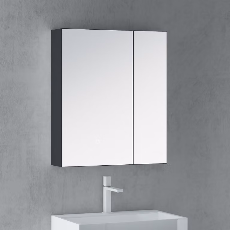 doporro Armadietto da Bagno con Specchio e 2 Ante 60x15x70a Muro Specchio Bagno Pensile con Contenitore e Luce LED Pensile da Bagno a Parete Antracite opaco Spiegelschrank-04