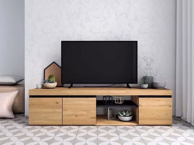 Mobile TV SKRAUT HOME in stile scandinavo, colore Rovere e Nero, con 2 porte e 2 compartimenti, L: 160 cm, P: 40 cm, H: 41 cm