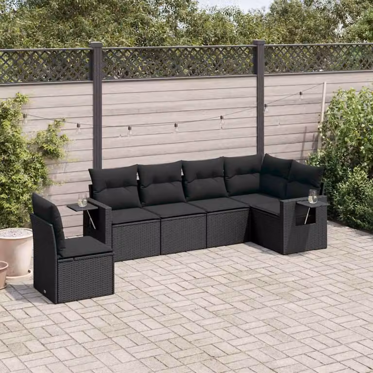 vidaXL Set Divano da Giardino a L in Polyrattan Nero con 6 Cuscini e Tavolino da Esterno