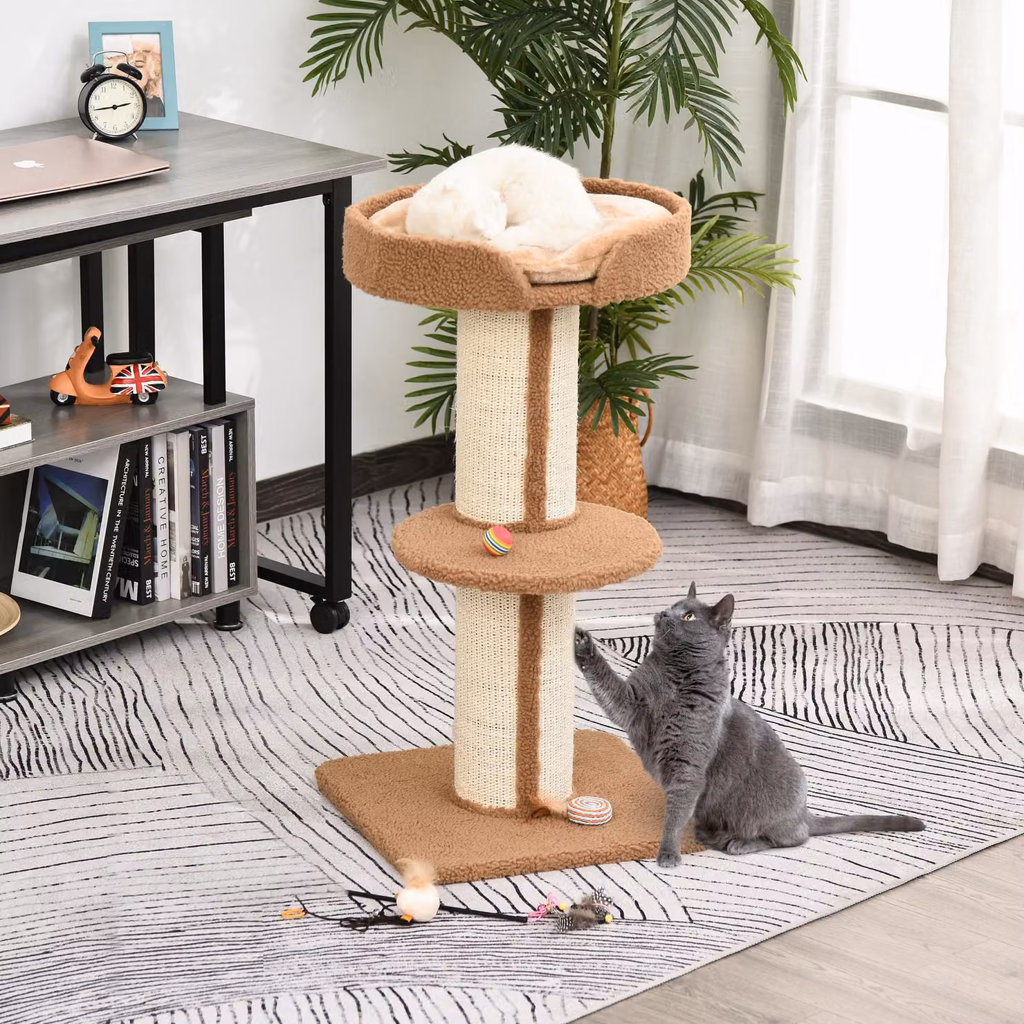Tiragraffi ad Albero per Gatti PawHut con Cuccia e Pali in Corda Sisal, Marrone, Altezza: 91 cm – 2