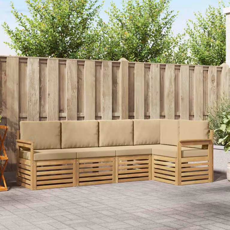 Set di divani da esterno vidaXL a forma di L composto da 5 pezzi in legno di acacia con cuscini bianchi e beige