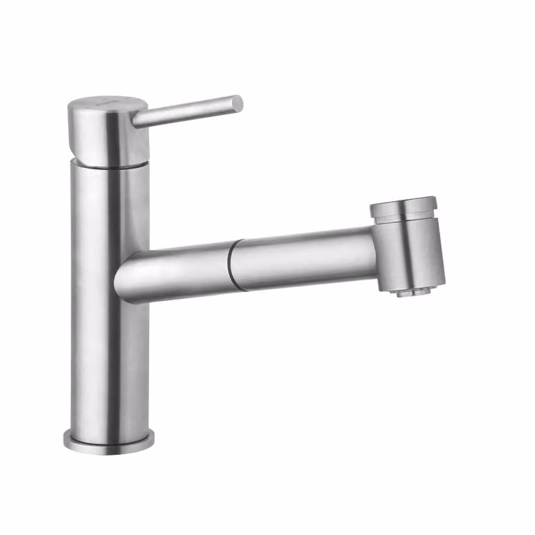 KLUDI STEEL Mitigeur monocommandé pour évier, levier fermé, avec douchette à vaisselle, Eco, acier inox brossé, 44851F860, 44851F860