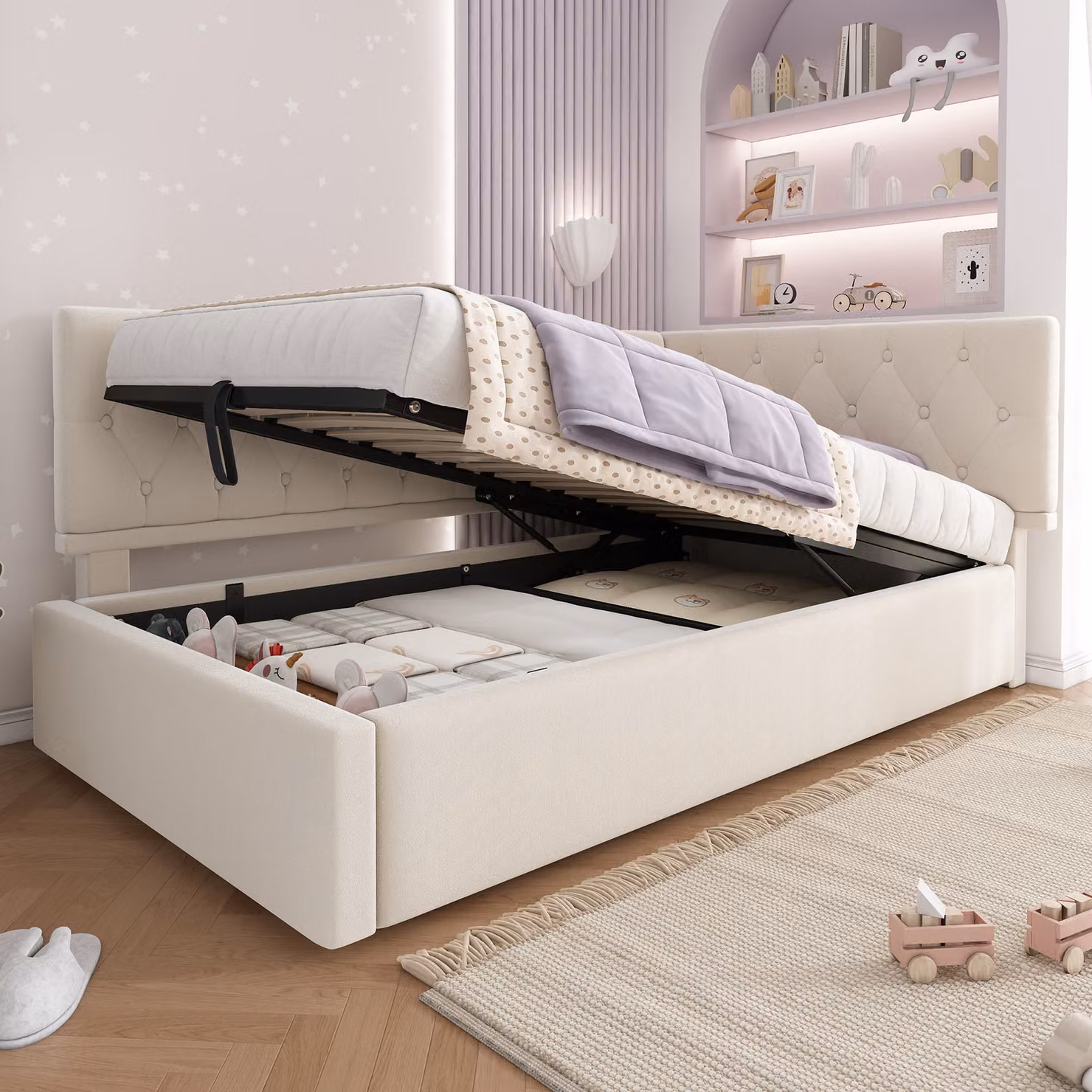 Letto imbottito MODFU 90x200, divano letto con vano contenitore idraulico, lettino per bambini con rete a doghe, senza materasso, beige