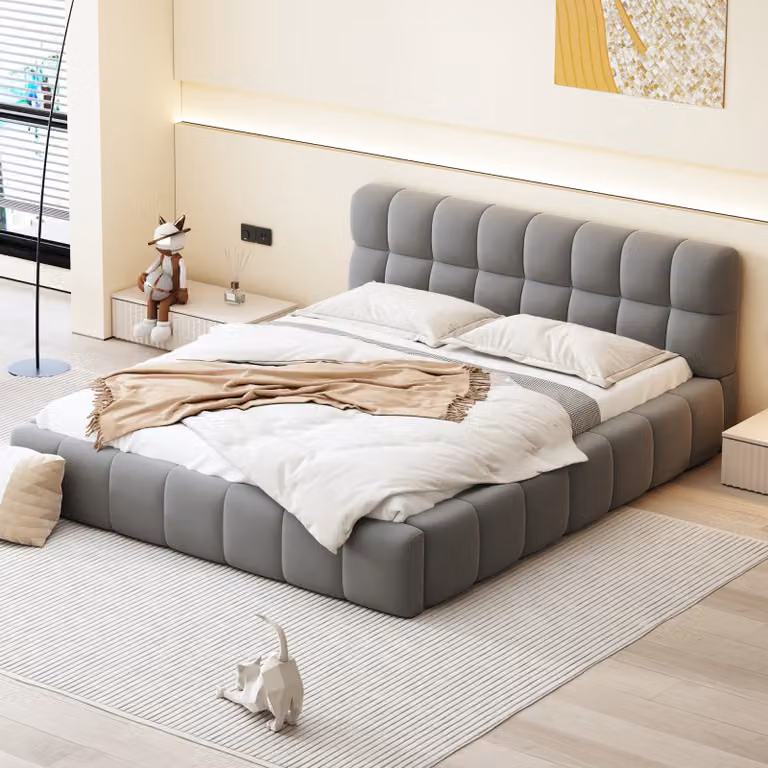 UnboxG Letto imbottito 140 x 200 cm, letto per ragazzi, letto matrimoniale con schienale morbido, letto piano con struttura imbottita, rete a doghe in lino