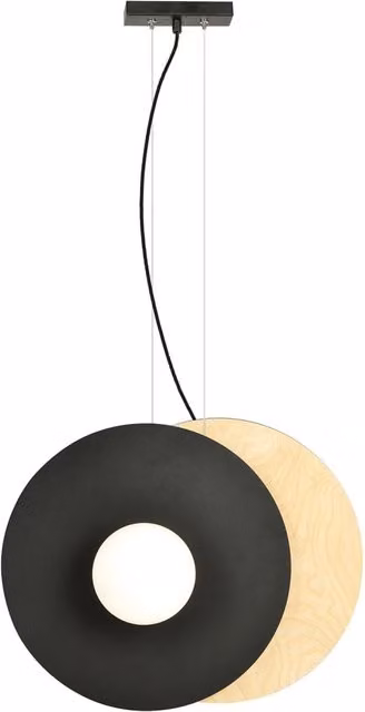Lampada a sospensione Raiden Luceart-Classic in stile industriale con 2 luci, finitura acciaio nero, legno e vetro bianco