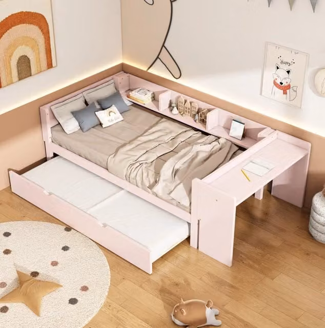 Letto per bambini 90x200 cm con letto estraibile; scrivania e ripiani; legno e MDF; rosa