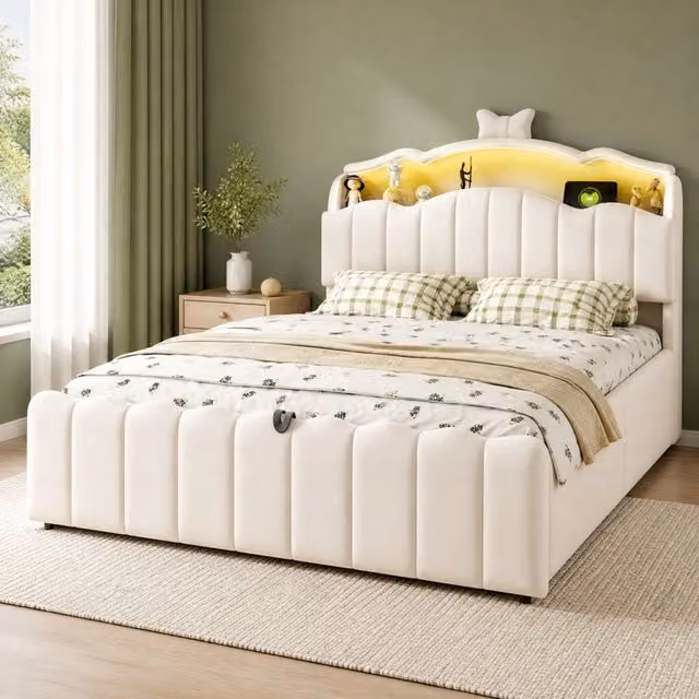 Letto imbottito per bambini 140x200 cm beige con LED, USB-C e contenitore idraulico