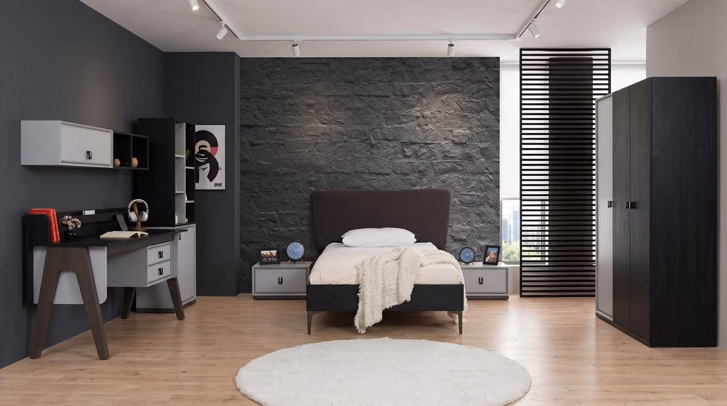 Camera da letto per adolescenti, in bianco e nero, con letto, comodini, armadio e scrivania
