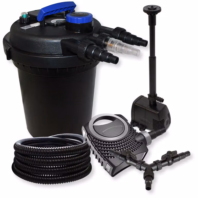 Set completo SunSun: filtro a pressione per laghetti CPF-250 fino a 10000 L con chiarificatore per laghetti da 11W, pompa per laghetti CTF-8000 da 8000l/h 70W, tubo da 25m per laghetti da 25 mm (1"), pompa per fontane HJ-943 ECO da 800l/h 16W, distributor