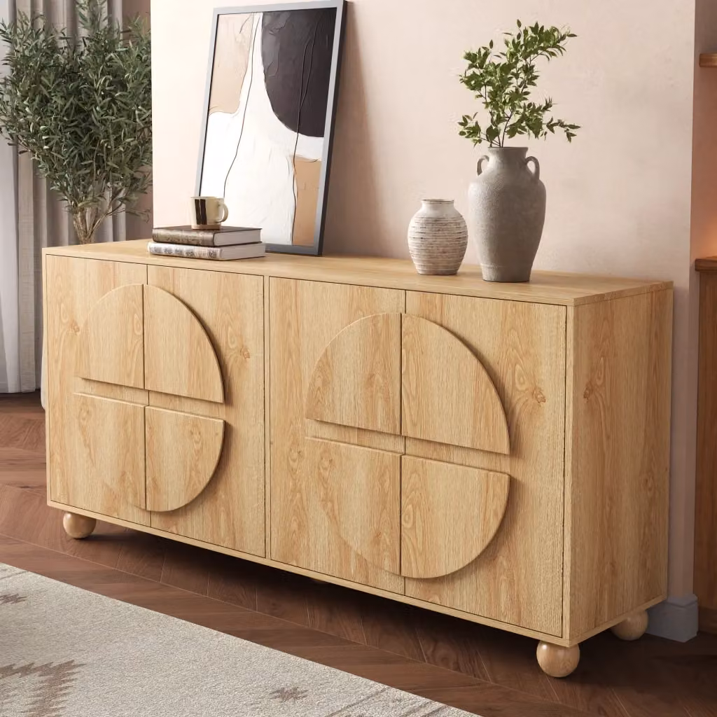 Credenza moderna Mivray con quattro ante in MDF e legno di pino, colore marrone e beige, ideale per soggiorno o sala da pranzo, L/P/H: 160 x 38 x 76 cm – 2